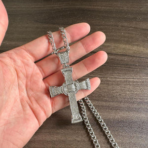 Mens and Womens Hip Hop Iced Out Rhinestones Necklace Alloy Huge Cross Pendant Necklace, White