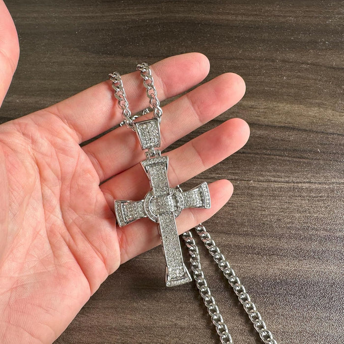 Mens and Womens Hip Hop Iced Out Rhinestones Necklace Alloy Huge Cross Pendant Necklace, White
