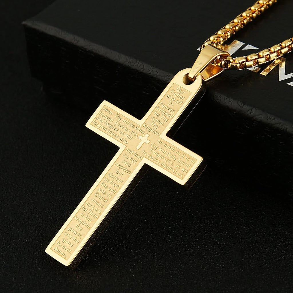 Stainless Steel Mens Womens Cross Necklace Lord's Prayer Pendant, Gold