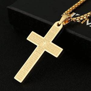 Stainless Steel Mens Womens Cross Necklace Lord's Prayer Pendant, Gold