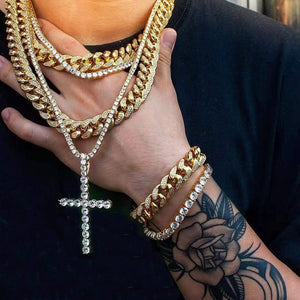 14K Gold Plated Large Nail Cross Chain Iced out CZ Pendant Hip Hop Jewelry for Women with Stainless Rope Chain