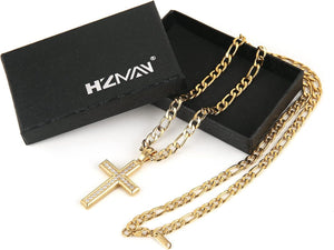 24K Gold-Plated Solid CZ Cross Necklace for Men Women Stainless Steel Religion Jewelry with 24 Inch Figaro Chain