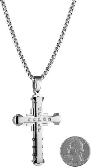 Men's Large Byzantium Stainless Steel Cubic Zirconia Cross Necklace Pendant 22 + 2 Inch Chain, SIlver