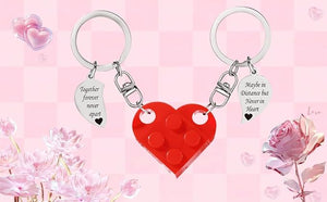 Brick Matching Couple Heart Keychain for Boyfriend Girlfriend Valentines Day Stuff Him Friends Love Set Gifts, Red