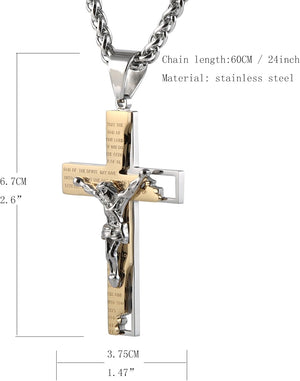 Men's Stainless Steel Cross Crucifix Bible Prayer Pendant Necklace 22+2" Chain, Gold
