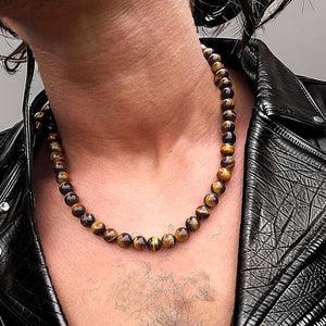 8MM Natural Tiger Eye Lava Stone Beaded Choker Necklace Genuine Gemstone Anxiety Stretch Necklace For Men