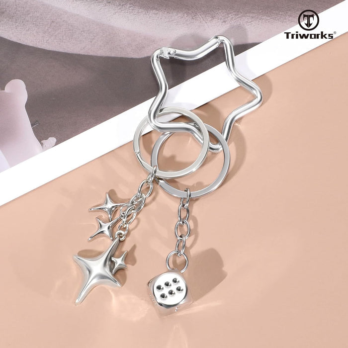 Silver Star Key Chain 8 Ball Keychain Purse Handbag Backpack Bag Charms Key Chain Present (Black Dice + Star Chain + Five-pointed Star)