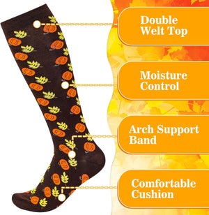 6 Pairs Fall Socks Thanksgiving Compression Socks Autumn Socks for Women Men with Turkey, Maple, 6 Design