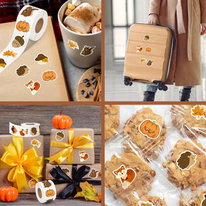600Pcs Fall Stickers Roll of 8 Cute Pumpkin Maple Leaves Animals Self Adhesive Labels Decals Seasonal Harvest Envelope Seals