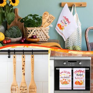 7 Pcs Thanksgiving Kitchen Decor Set, Including 2 Pcs Friendsgiving Kitchen Towels Funny Dish Towel and 5 Pcs Wooden Spoons