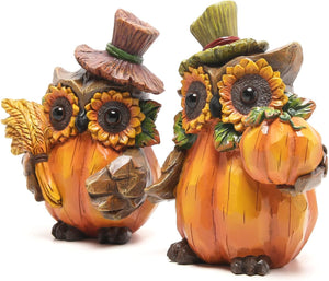 Owl Sculpture - Resin Thanksgiving Decor, Handmade Fall Centerpiece in Country Style, 2 Pieces