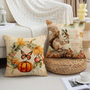 Set of 4 Pumpkin Sunflower Autumn Harvest Throw Pillow Cases Squirrel Decorative, 18 x 18 inches