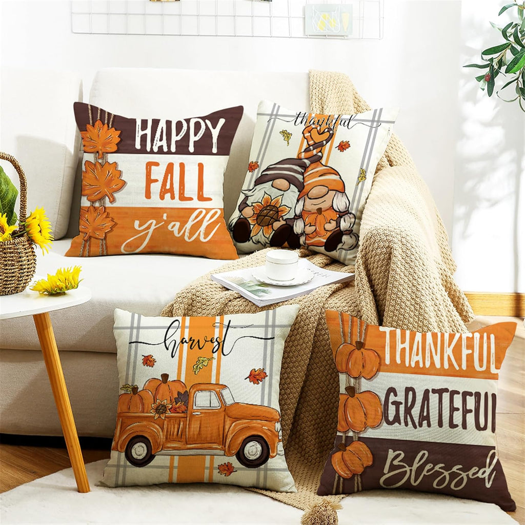 Gnomes Pumpkin Fall Throw Pillow Covers 18x18 inch Set of 4, Orange Brown Plaid Autumn Holiday Cushion Covers for Couch Sofa