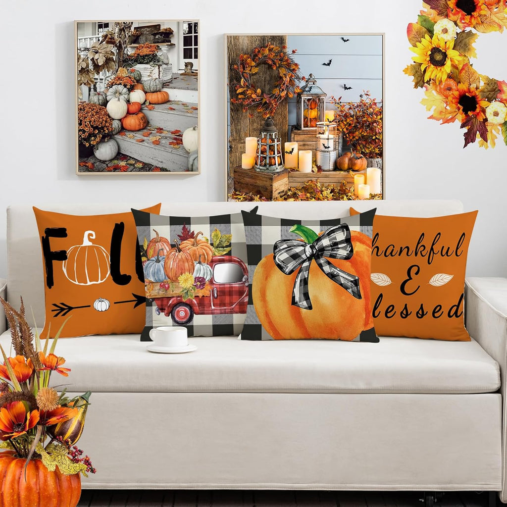 Fall Pillow Covers 18x18 Set of 4 Buffalo Check Orange Pumpkin Truck Thanksgiving Farmhouse Pillows Cases