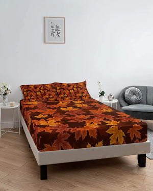 Autumn Maple Leaves Fitted Sheet Set for Queen Size Bed 3 Pieces Bedding Sheets-Deep Pocket Bedsheet Fits Mattress Upto 16"