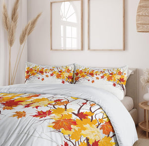 Fall Duvet Cover Set, Image of Canadian Maple Tree Leaves in Autumn Season Soft Reflection Effects, Decorative 3 Piece Bedding Set