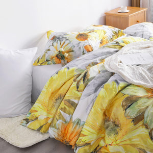 3 Pieces Ultra Soft Sunflowers Printed Comforter Cover Set with Zipper Closure and Corner Ties, Yellow and White