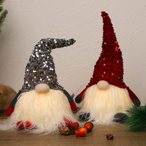 12" Lighted Christmas Gnome, Handmade Sequins Hat Scandinavian Swedish Tomte, Light Up Plush Elf Toy Holiday Present