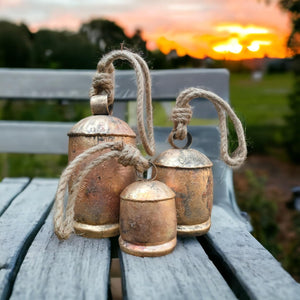 Set of 3 Metal Christmas Bells for Decoration Rustic Brass Gold Large Bell Cow Hanging Decor