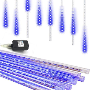 Meteor Shower Lights Outdoor Christmas Lights UL Certified Falling Rain Drop Lights Snowfall Icicle Cascading String Lights, Blue, 12Inch 8Tubes