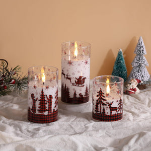 Red Buffalo Plaid Christmas Flameless Candles with Remote, Flickering LED Pillar Candles in Glass, Set of 3