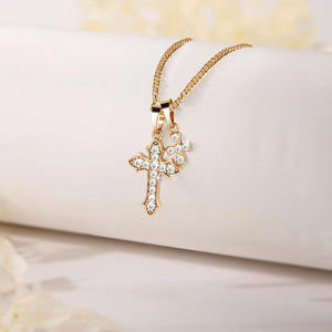18K Gold Plated CZ Cross Pendant Necklace,Double Cross Necklace with Gold Chain Cross Necklace