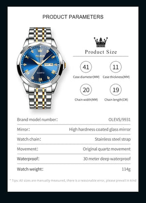 Watch for Men Diamond Business Dress Analog Quartz Stainless Steel Waterproof Luminous Date Two Tone Luxury Casual Wrist Watch, Blue