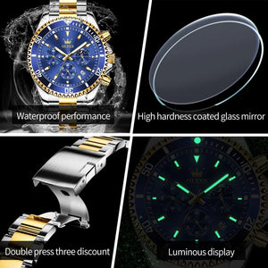 Watches for Men Stainless Steel Analog Quartz Chronograph Moon Phase Watch Waterproof Date Luminous, Blue