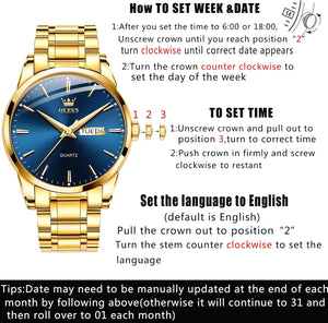 Classic Men Watches with Date,Stainless Steel Man Watch with Date, Bussiness Watches for Men,Luminous Quartz, Gold