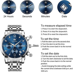 Men's Stainless Steel Chronograph Watch, Big Face Gold Silver Black Tone Easy to Read Analog Quartz Watch, Blue Face