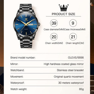 Men's Luxury Watch Waterproof Luminous Easy Read Chronograph Watches, black steel deep blue face