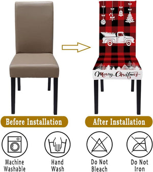 Set of 6 Car Print Dining Chair Slipcovers Stretch Xmas Parsons Chair Slipcovers, Red Buffalo Plaid