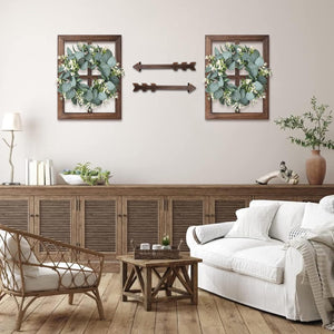 Rustic Wood Window Frame with Green Wreath and Arrows Wall Decor, Brown