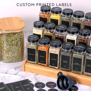 4oz 24Pack Spice Jars with 455 Black Vinyl Spice Labels, Shaker Lids Dispenser with Airtight Black Metal Caps