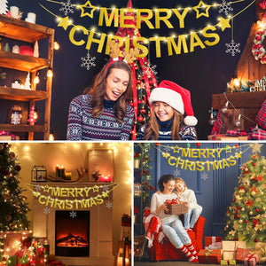 Merry Christmas Banner Indoor, of Indoor Fireplaces, Room Walls and Patio Decorations, Sparkling Gold Color,Christmas Decoration Clearance