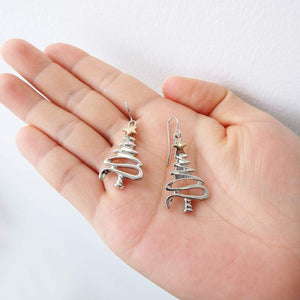 Cute Christmas Tree Piercing Dangle Earrings Golden Silver Two Tone Women Holiday Gift