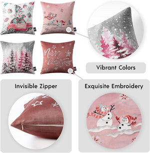 Set of 4 Merry Christmas Decorative Print and Embroidery Velvet Throw Pillow Covers, pink