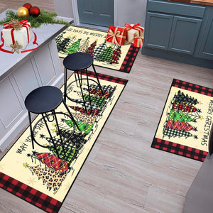 Set of 3 Xmas Tree Kitchen Rugs and Mats Winter Holiday Floor Carpet Mat