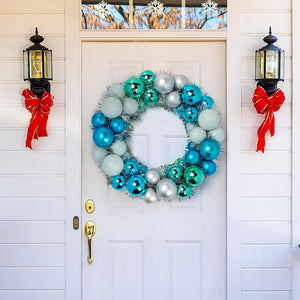 Christmas Ball Wreath, 13 Inch Glitter Ball Garland Shatterproof Ball Ornaments Blue Silver Tinsel for Front Door Hanging Decoration