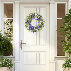 18" Spring Wreaths for Front Door Summer Wreath with Purple Pansy Flowers Green Eucalyptus Leaves