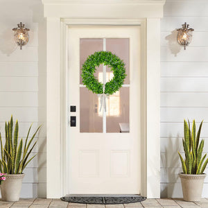 Artificial Boxwood Wreath Decoration - 15" Spring Wreath with White Seeds and Silk Ribbon for Front Door