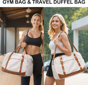 Women's Travel Duffel Bag with Toiletry Bag, Sports Gym Bag Weekendeer Carry-on Tote with Shoe Compartment, Beige-Brown