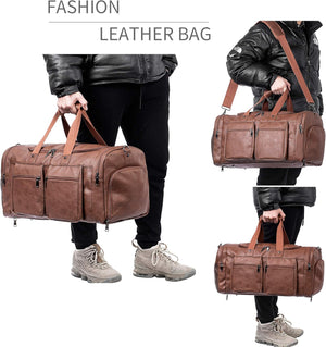 Leather Travel Bag with Shoe Pouch,Weekender Overnight Bag Waterproof