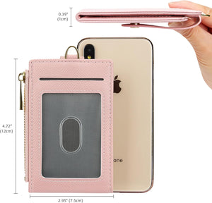 Women & Men Leather RFID Blocking Card Holder Slim Small Zipper Keychain Front Pocket Wallet with 2 ID Window, Pink