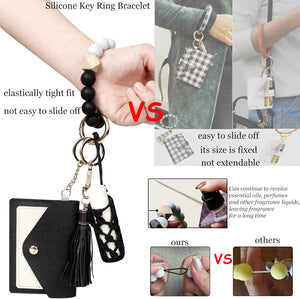 Silicone Key Ring Bracelets Wristlet Keychain Wallet with Net Chapstick Holder for Women, Black