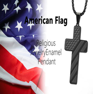 Cross Necklace for Men, Premium American Flag Stainless Steel with 24-Inch Lord's Prayer Pendant