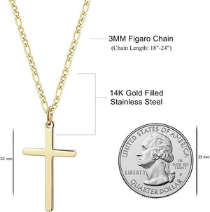 14K Gold Filled Cross Necklace for Men Figaro Chain Stainless Steel Plain Polished Cross Pendant