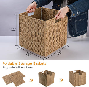 Wicker Storage Basket, Set of 2 Hand-Woven Wicker Basket, 11 inch Storage Baskets for Organizing and Decor, Foldable Cube Storage Organizer Bins Baskets for Shelves, Woven Basket, Natural