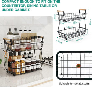 2 Tier Fruit Basket with 2 Banana Hangers, Countertop Fruit Vegetable Basket Bowl for Kitchen Counter Metal Wire Storage Basket Fruits Stand Holder Organizer for Bread Snack Veggies Produce