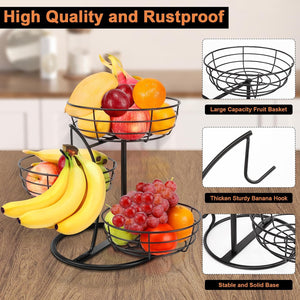 Fruit Basket Bowl with Banana Hanger, Fruit Vegetable Storage Basket with Banana Tree Holder for Kitchen Counter, Detachable Organizer for Bread Snack Produce (Black, 3-Tier Metal Base)